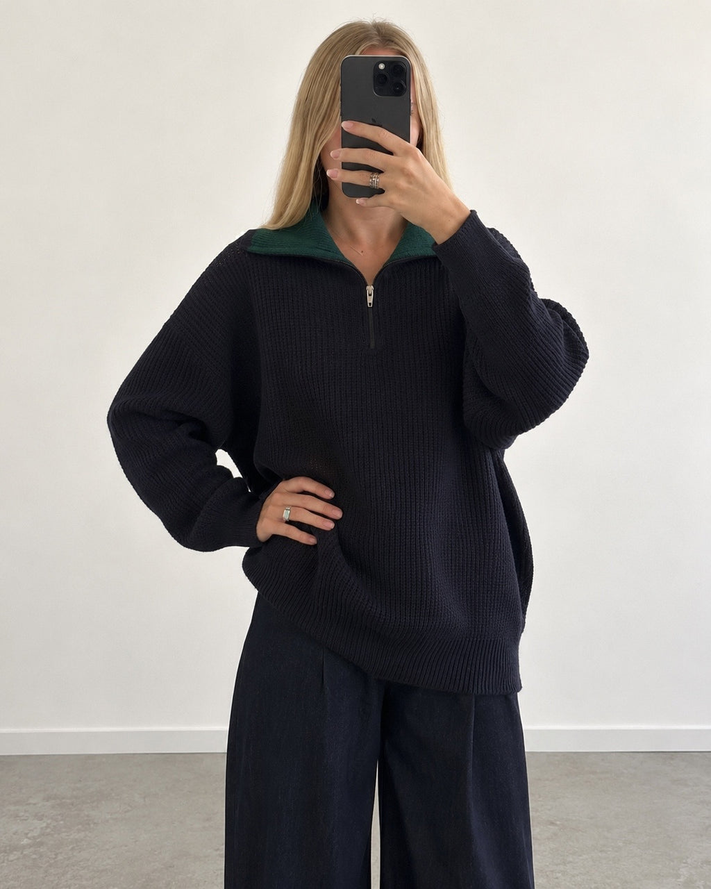 Navy & green quarter-zip sweater (L)