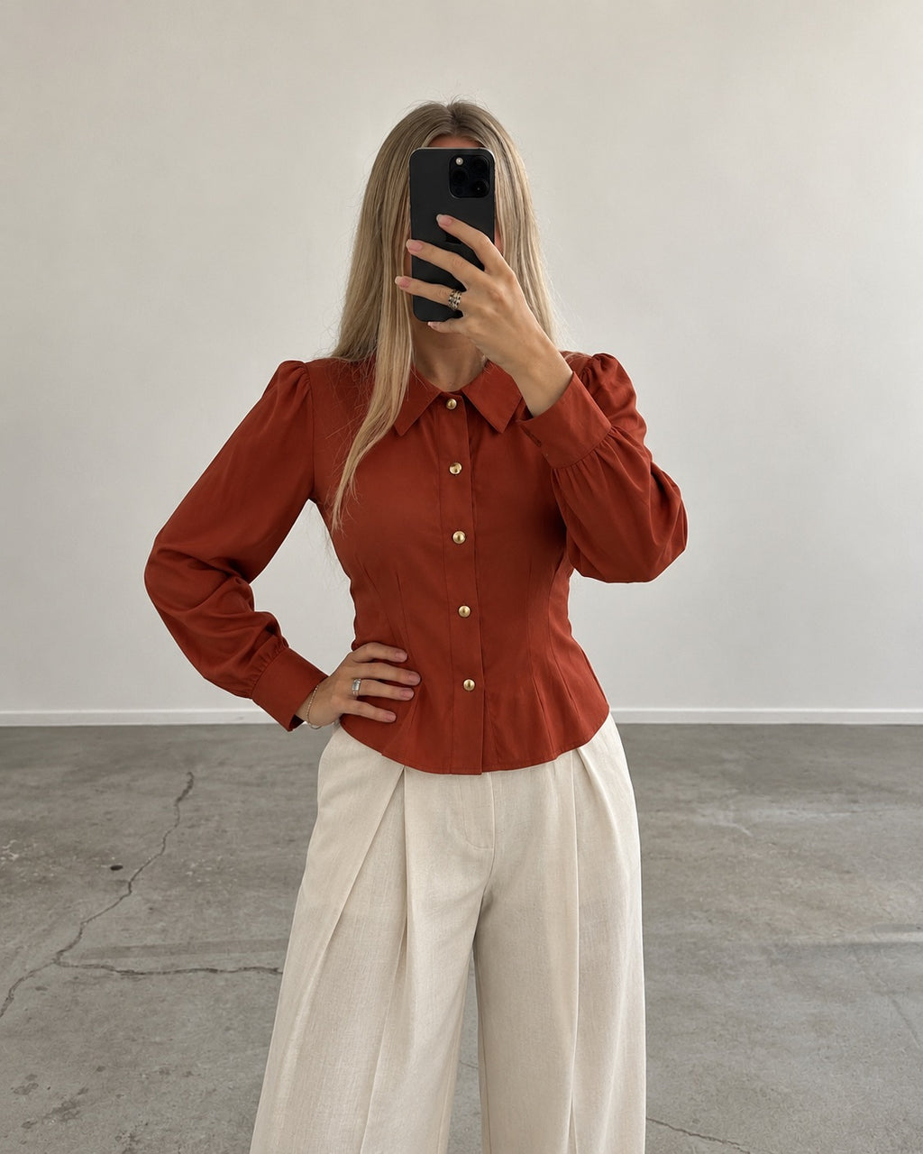 Burnt orange tailored blouse (s)