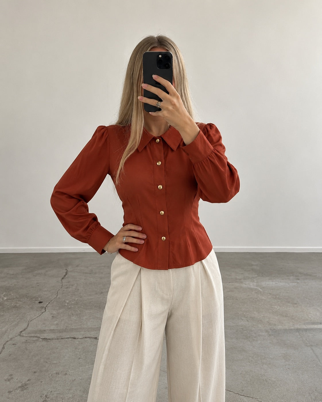 Burnt orange tailored blouse (s)